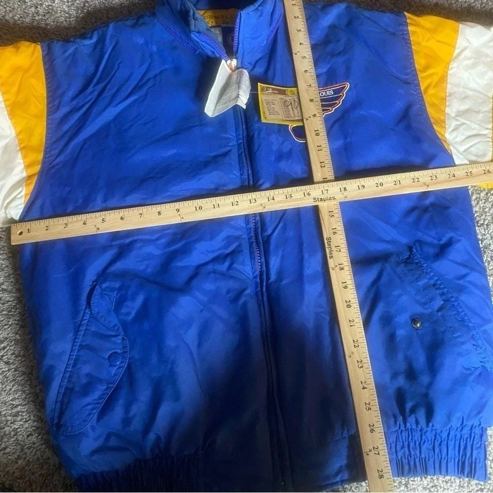 Vintagee St Louis Blues Puffer Jacket Mens Large Blue Gold Logo 7 NWT 90s Coat